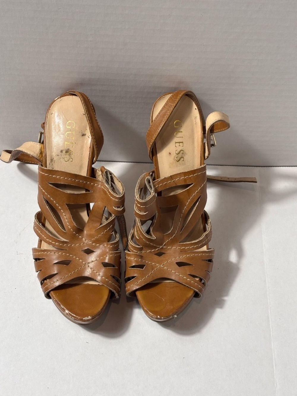 GUESS Women's Tan Strappy Leather Wedge Sandals